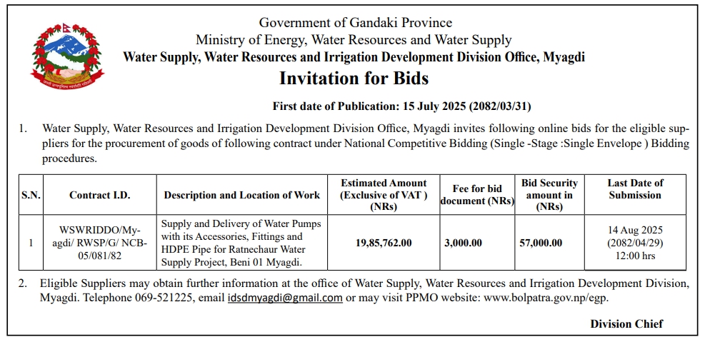 Invitation For Bids For Supply And Delivery Of Water Pumps And Accessories For Ratnechaur Water Supply Project