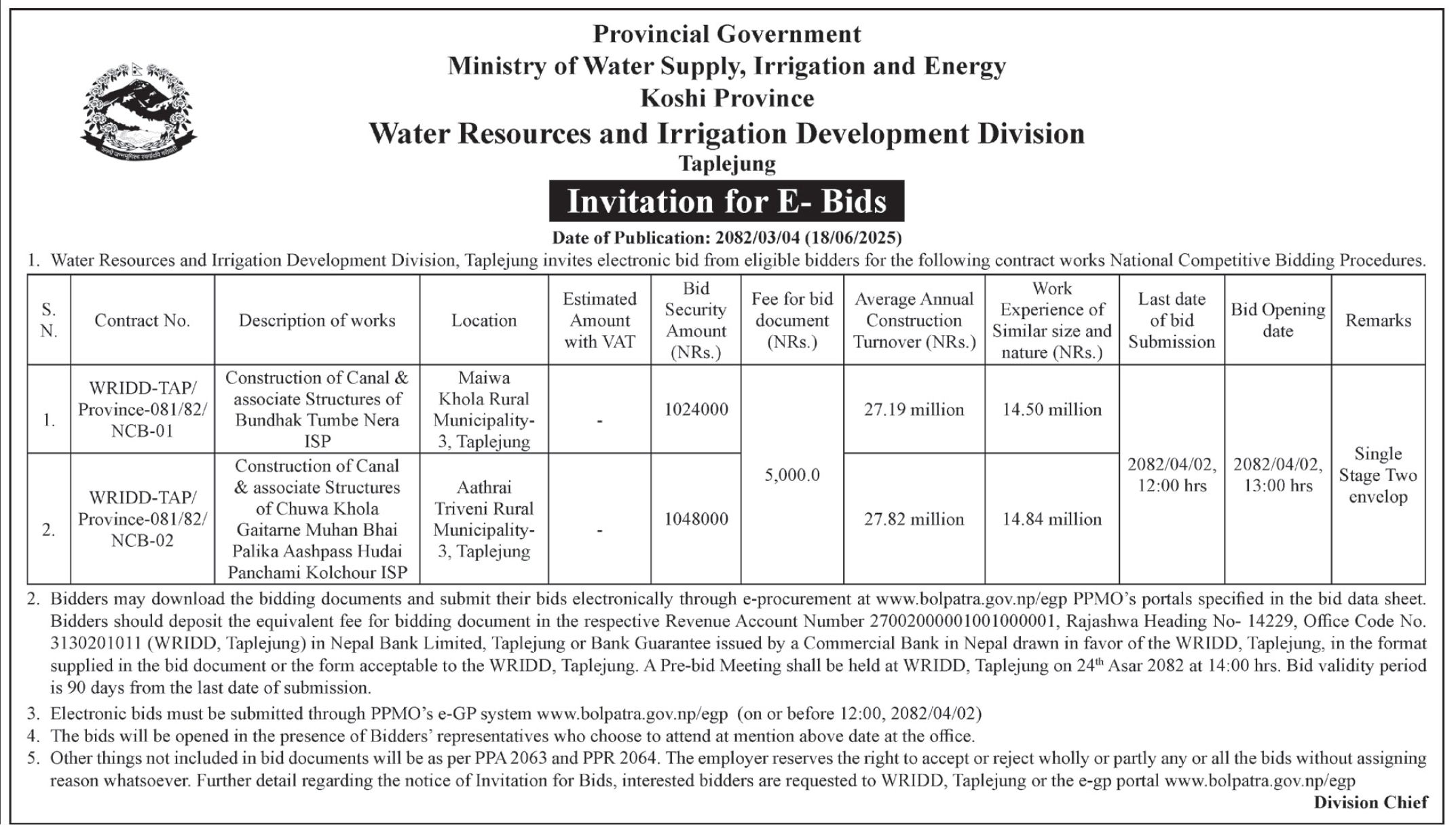 Invitation For Electronic Bids For Canal And Irrigation Structure Construction