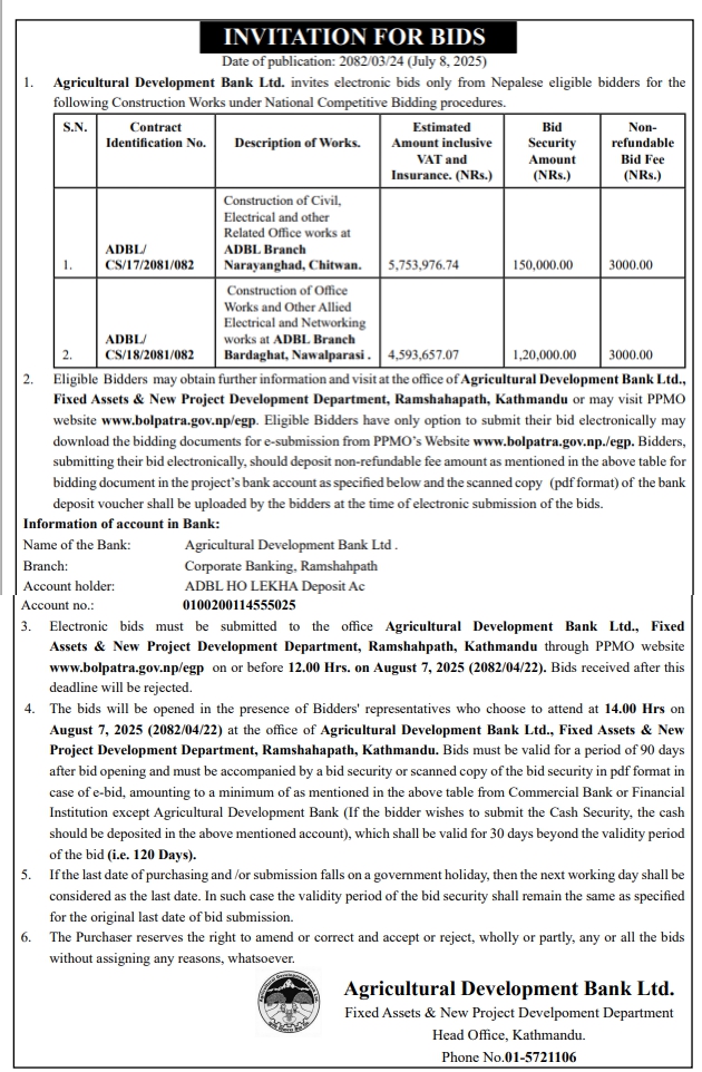 Invitation For Bids For The Construction Works