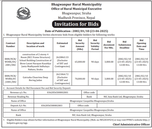 Invitation for Bids for Construction of 2 Storey 4 Room and Deep Boring Works