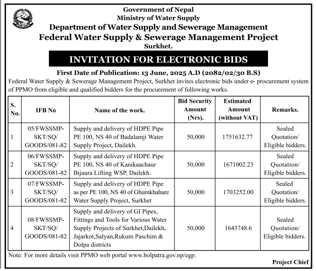 Invitation For Electronic Bids For Water Supply Project Goods Procurement