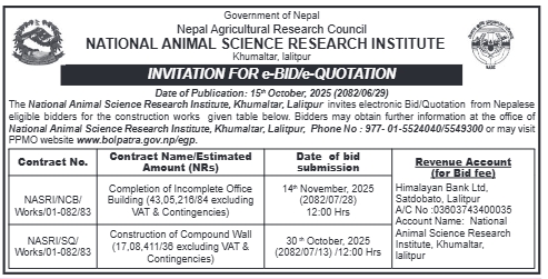 Invitation For E-bid/e-quotation For Construction Works At National Animal Science Research Institute, Khumaltar, Lalitpur