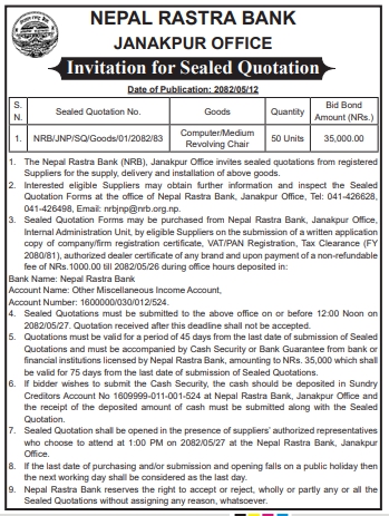 Invitation For Sealed Quotation For Supply, Delivery, And Installation Of Computer/medium Revolving Chairs