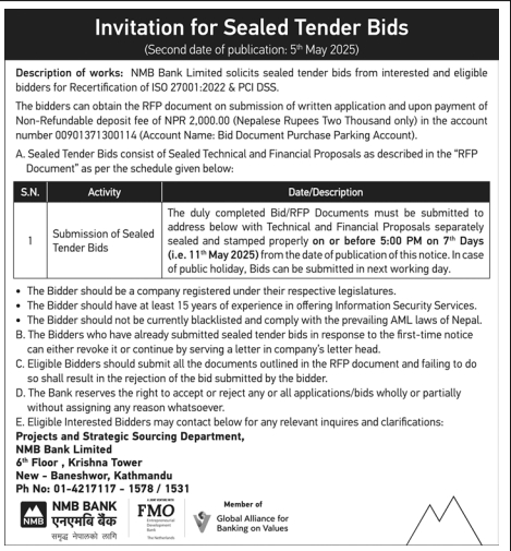 Invitation for Sealed Tender Bids for Recertification of ISO 27001:2022 & PCI DSS