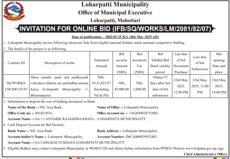 Invitation for Online Bids for Shree Ramdev Janta Uch Madhyamik Vidyalaya Chhetra Ma Purbadhar Nirman Karya (Loharpatti Municipality -7)
