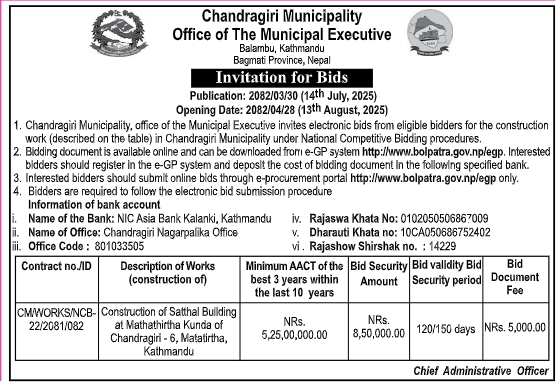 Invitation For E-bids For Construction Of Satthal Building At Mathathirtha Kunda, Chandragiri-6