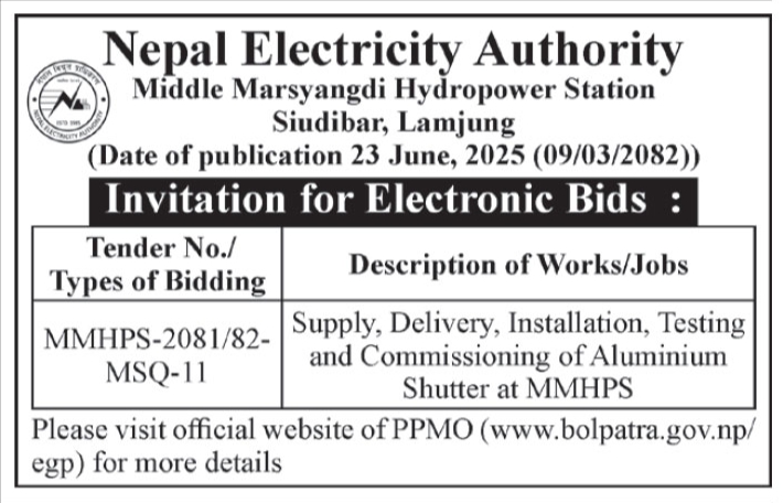 Invitation For Electronic Bids For Aluminium Shutter Installation At Middle Marsyangdi Hydropower Station