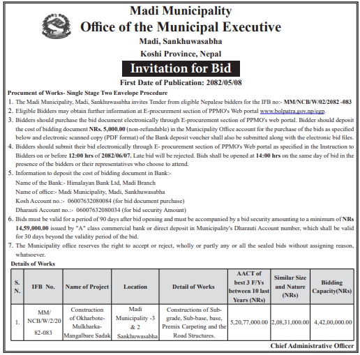 Invitation For Bids For Construction Of Sub-grade, Sub-base, Base, And Premix Carpeting Of Mulkharka–mangalbare Road Structures At Madi Municipality