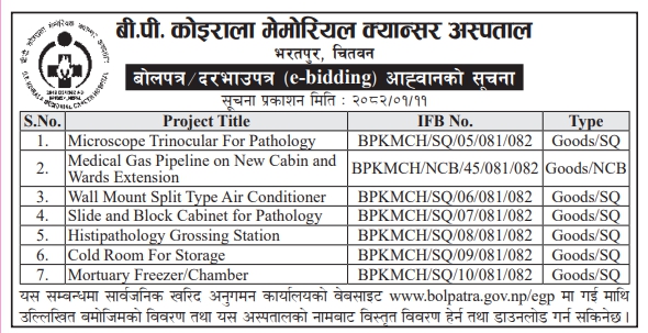 बोलपत्र/दरभाउपत्र (e-bidding) आह्वानको सूचना - Supply and Delivery of Various Equipment and Materials
