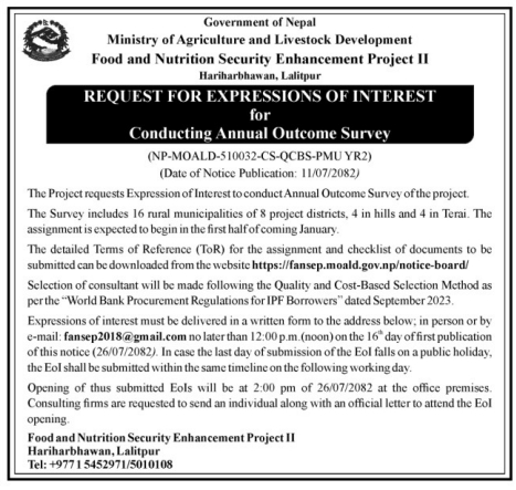 Request For Expression Of Interest (EOI) For Conducting Annual Outcome Survey