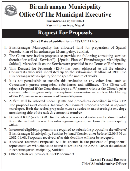 Request For Proposals for Preparation of Spatial Periodic Plan of Birendranagar Municipality, Surkhet