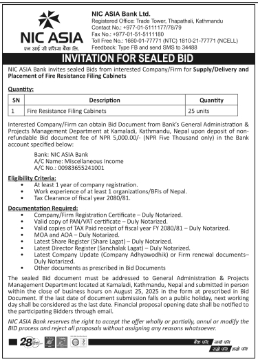 Invitation For Sealed Bid For Supply, Delivery And Placement Of Fire Resistance Filing Cabinets