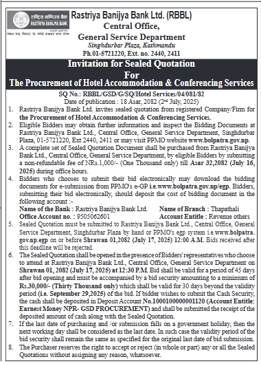 Invitation For Sealed Quotation For Procurement Of Hotel Accommodation & Conferencing Services