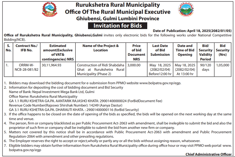 Invitation for Bids For Construction of Ridi Shabdaha Ghat at Rurukshetra Rural Municipality