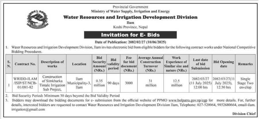 Invitation For E-bids For Construction Of Simkharka Tintale Irrigation Sub Project