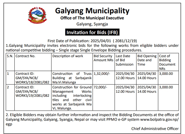 Invitation for Bids for Construction of Truss Building and Ground Management Works