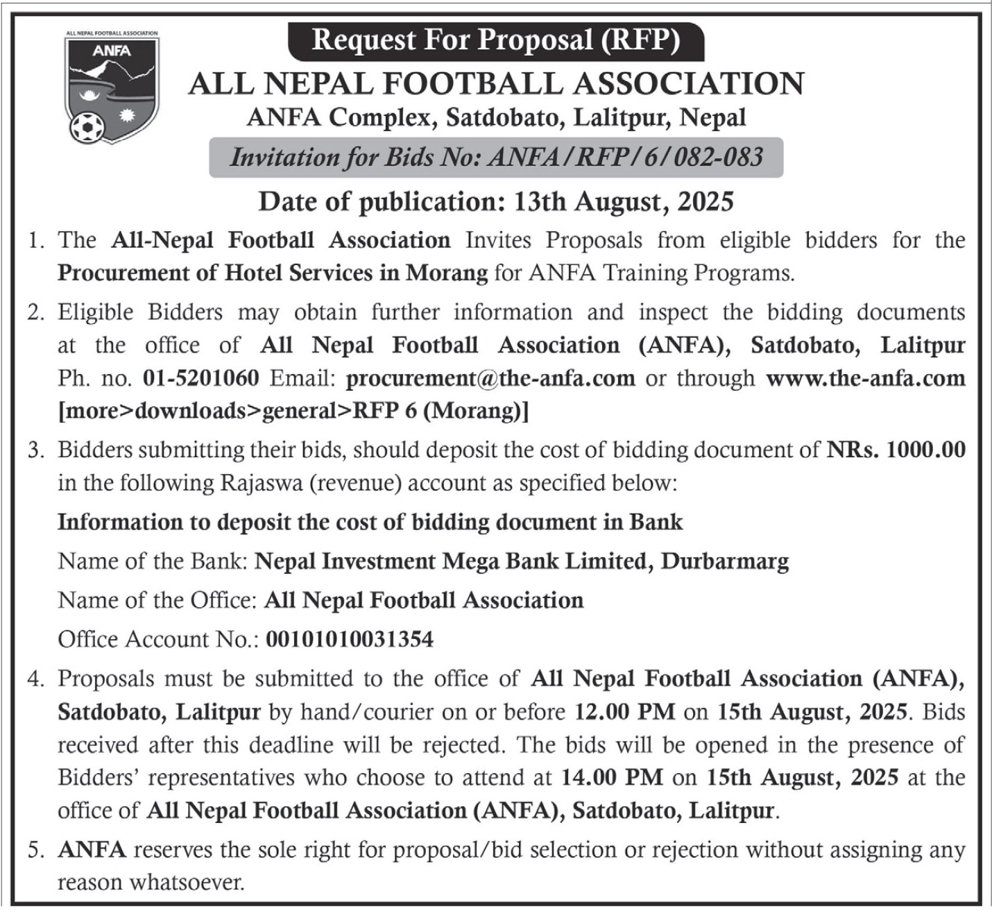 Request For Proposal For Procurement Of Hotel Services In Morang For ANFA Training Programs
