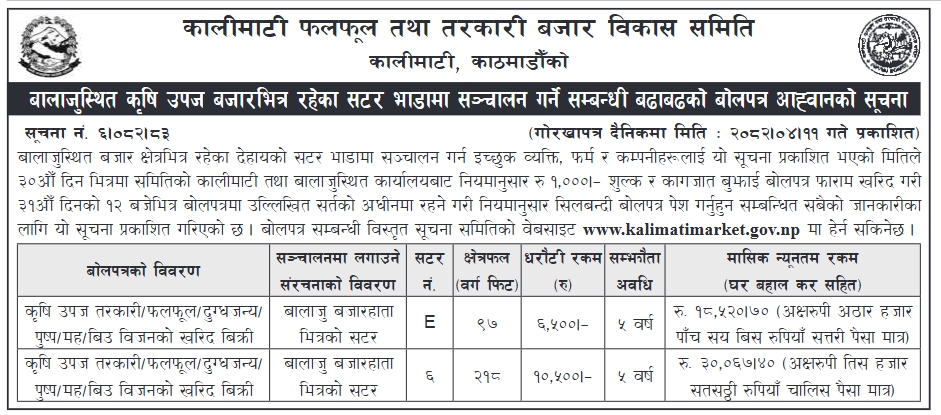 बालाजु कृषि उपज बजार क्षेत्रमा रहेका सटर भाडामा सञ्चालन गर्न सिलबन्दी बोलपत्र आह्वान