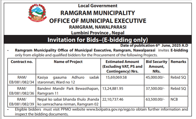 Invitation For Electronic Bids For Various Development Projects At Ramgram Municipality