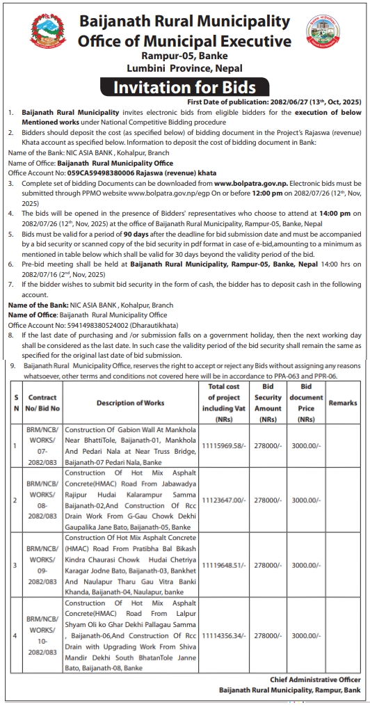 Invitation For Bid For Construction Works In Baijanath Rural Municipality, Banke