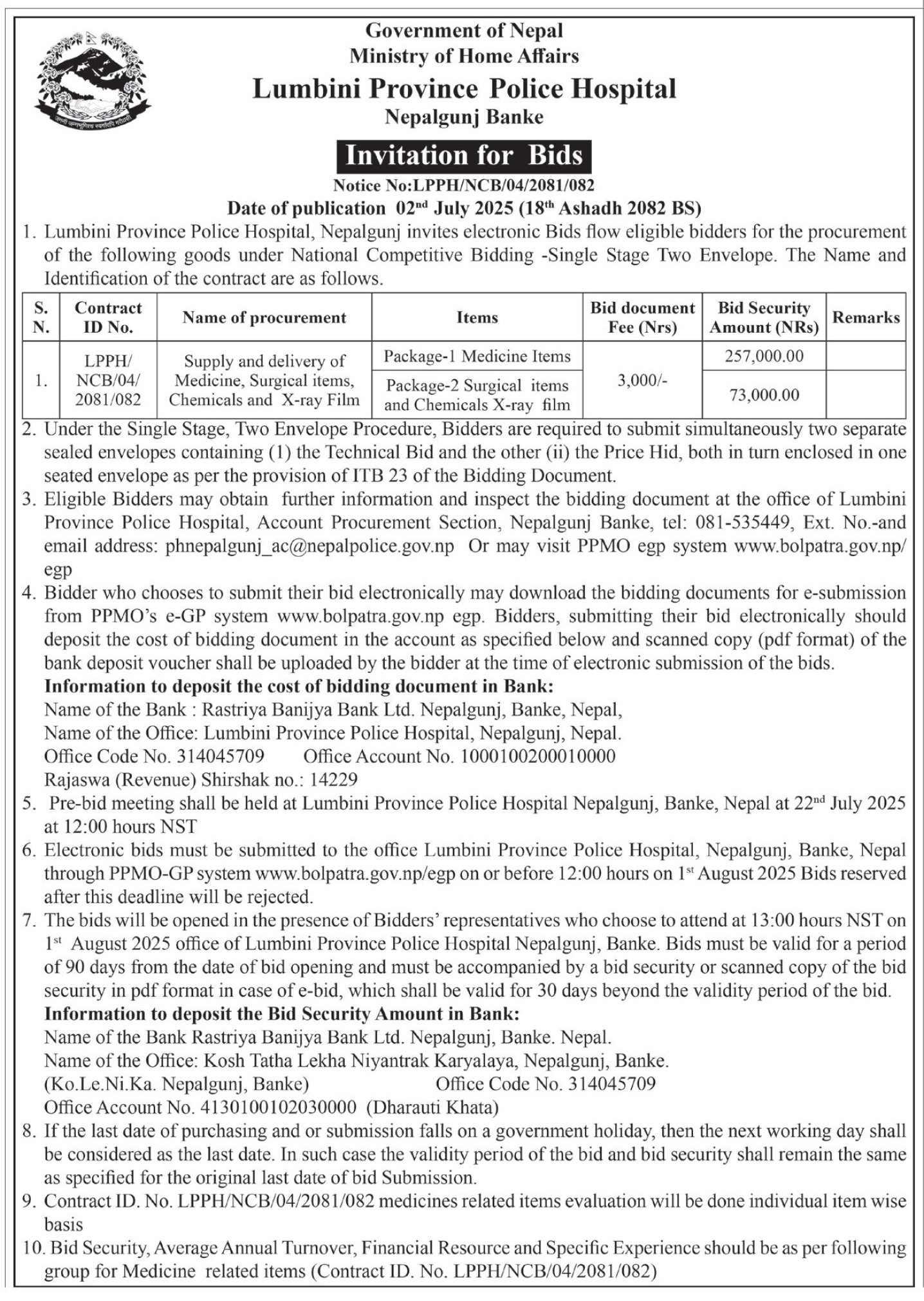 Invitation For Bids For Supply And Delivery Of Medicines, Surgical Items, Chemicals, And X-ray Film