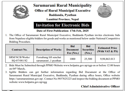Invitation for Electronic Bids - Forsabang lift senchai sarumarani, 1 Pyuthan