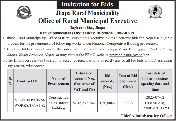 Invitation For Bids For Construction Of 2 Canteen