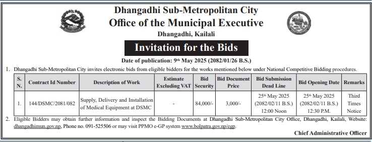 Invitation for the Bids for Supply, Delivery and Installation of Medical Equipment