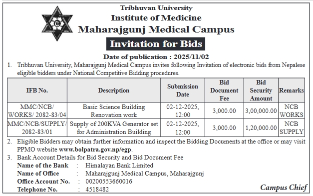 Invitation for Bids for Renovation Works and Supply of Generator