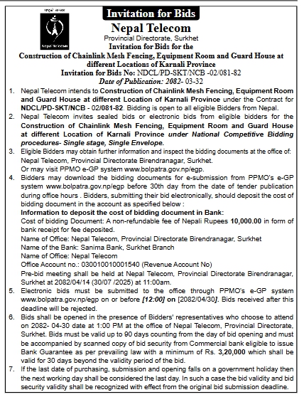 Invitation For Bids For Construction Of Chainlink Mesh Fencing, Equipment Room & Guard House At Various Locations In Karnali Province