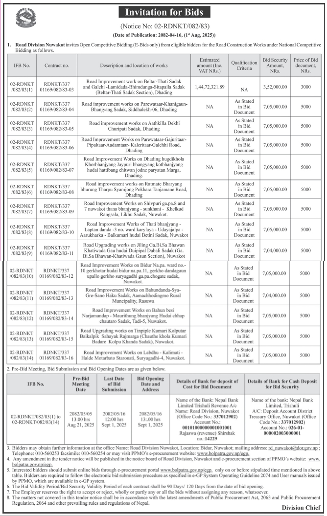 Invitation For Bids For Road Improvement And Upgrading Works In Nuwakot And Dhading Districts