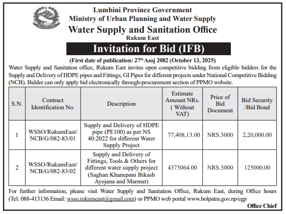 Invitation For Electronic Bids For Supply And Delivery Of Hdpe Pipes, Fittings, And Gi Pipes – Water Supply And Sanitation Office, Rukum East