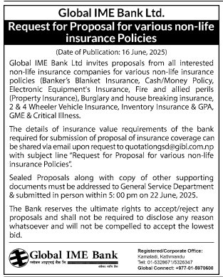 Invitation For Proposals From Non-life Insurance Companies For Comprehensive Insurance Coverage