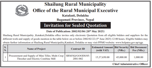 Invitation For Sealed Quotation Procurement And Supply Of Mini Tiller, Multi Crop Thresher And Electric Combine Mill