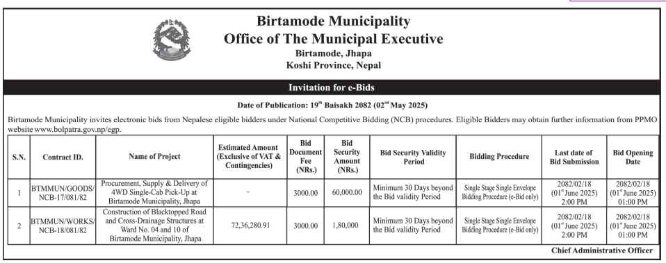 Invitation for e-Bids for Construction of Blacktopped Road and Cross-Drainage Structure and Procurement of 4WD Single-Cab Pick-Up