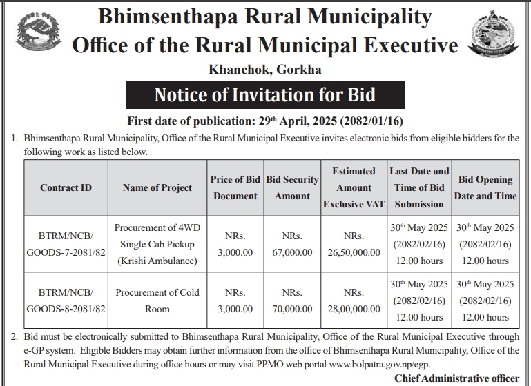 Invitation for Bid for Procurement of 4WD Single Cab Pickup