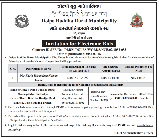 Invitation For E-bids For The Construction Of Dho-khola Riverbank Protection Works, Dolpo Buddha Rural Municipality, Dolpa