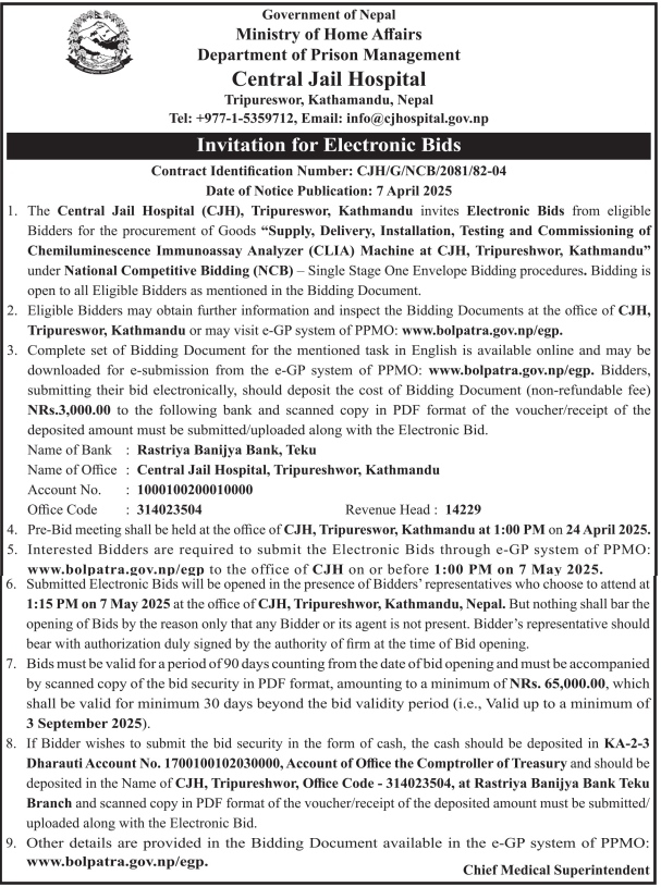 Invitation for Electronic Bids for Supply, Delivery, Installation, Testing and Commissioning of Chemiluminescence Immunoassay Analyzer (CLIA) Machine