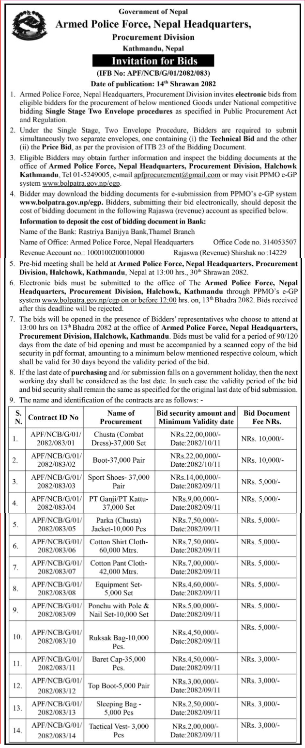 Invitation For Electronic Bids For Supply Of Uniforms And Footwear – Armed Police Force Nepal