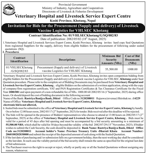 Invitation For Bids For The Procurement Of Livestock Vaccine Logistics For Vhlsec Khotang