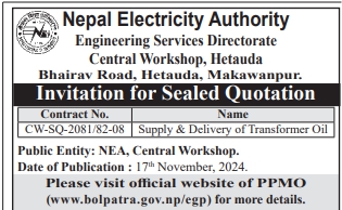 Invitation for Sealed Quotation for Supply and Delivery of Transformer Oil