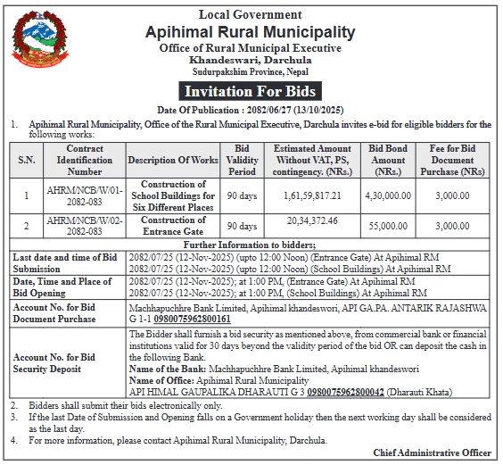 Invitation For Bid For Construction Of School Buildings And Entrance Gate At Apihimal Rural Municipality, Darchula