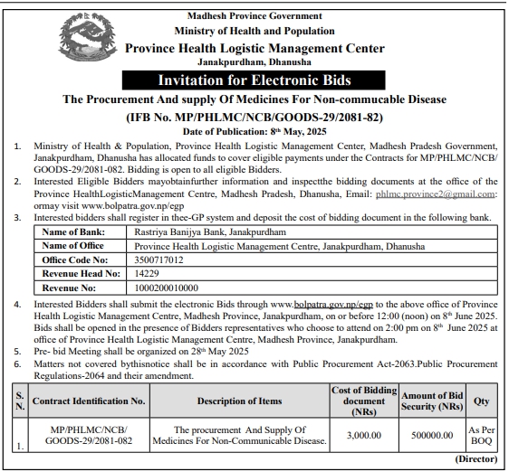 Invitation for Electronic Bids for The Procurement And Supply Of Medicines For Non-Communicable Disease