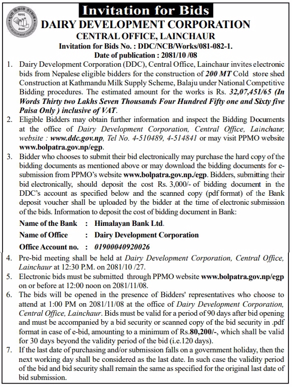 Invitation for Bids for Construction of 200 MT Cold Store Shed
