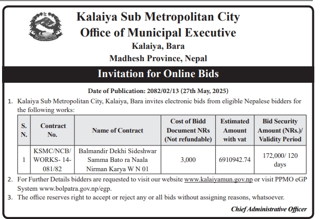 Invitation For Online Bids For Balmandir Dekhi Sideshwar Samma Bato Ra Naala Nirman Karya W N 01