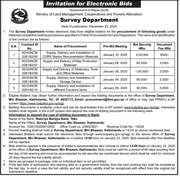 Invitation for Electronic Bids for Supply, Delivery, Installation of CORS Station Monumentation Materials, Map Production Materials, Storage Device, Furniture, Stationary, Toner and Office Materials