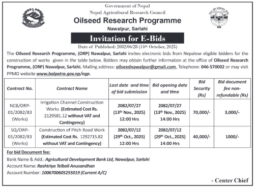 Invitation For Bids For Irrigation Channel And Pitch Road Construction