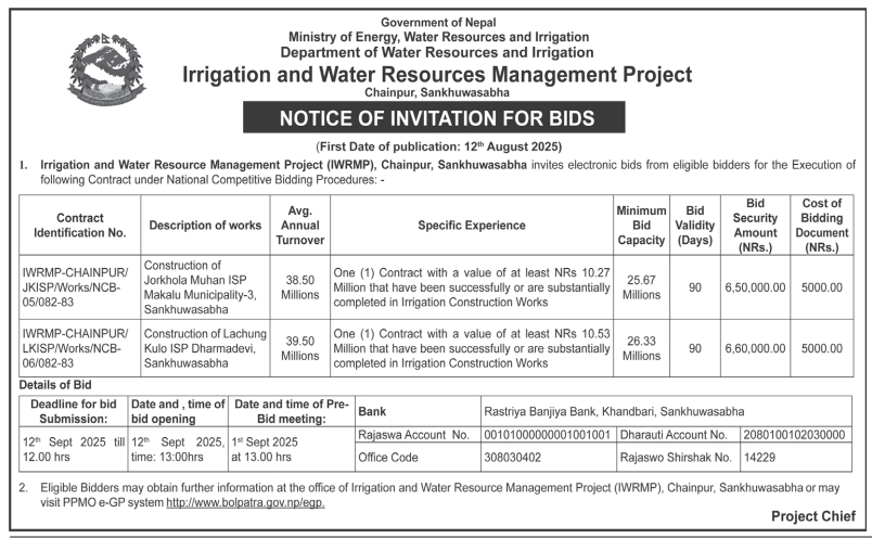 Invitation For Bids For Construction Of Jorkhola Muhan Isp And Lachung Kulo Isp