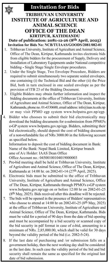 Invitation for Bids for the procurement of Supply, Delivery and Installation of Laboratory Equipment