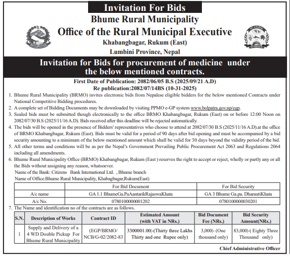 Invitation For Electronic Bids For Supply And Delivery Of 4wd Double Pickup To Bhume Rural Municipality, Khabangbagar, Rukum (East), Lumbini Province
